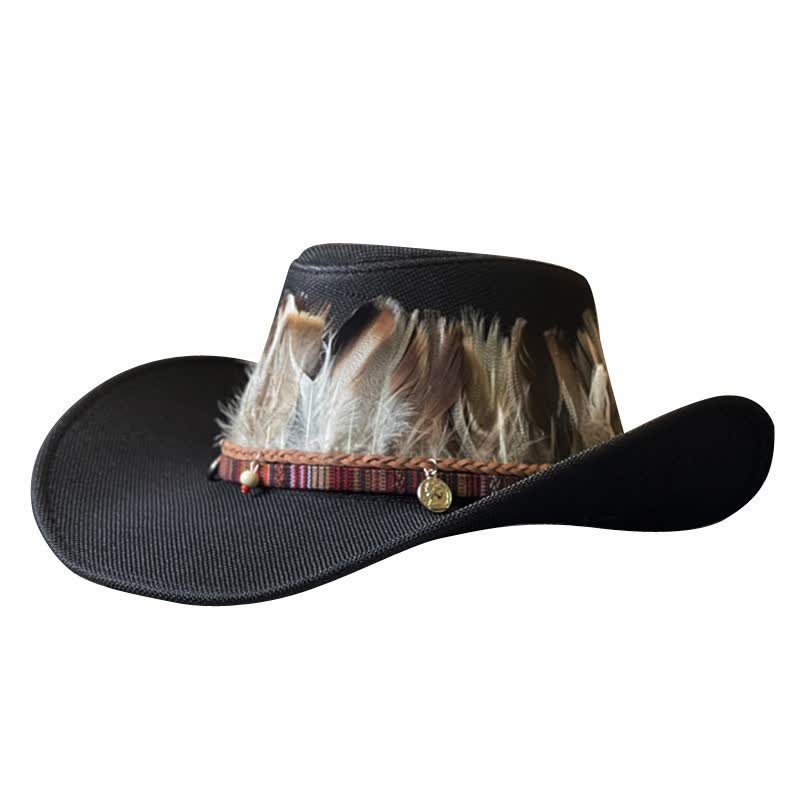 Cappello da cowboy western con fascia di piume in stile etnico a tesa larga