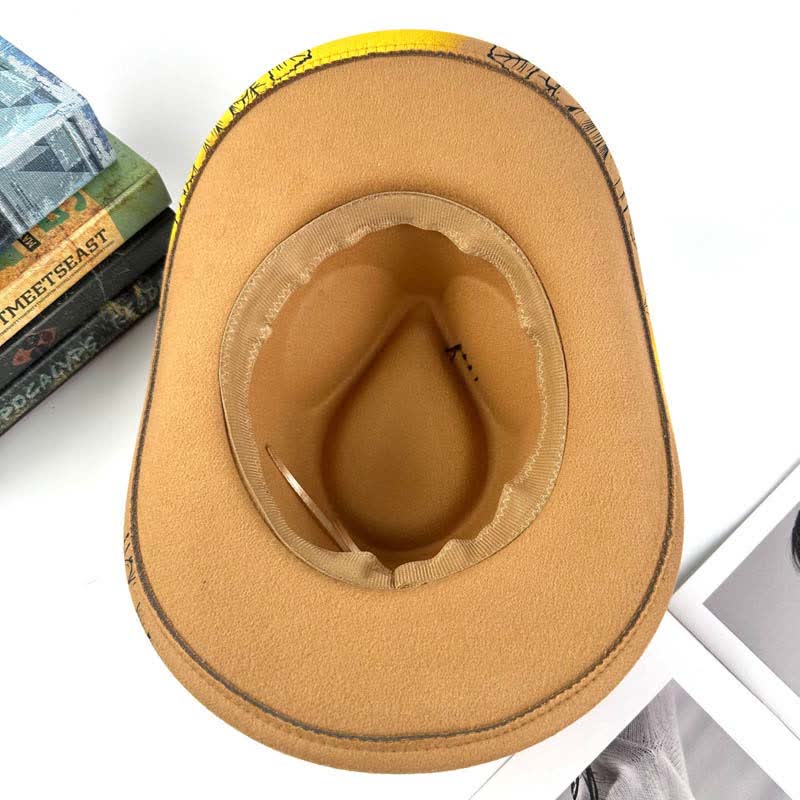 Cappello da cowboy western con decorazione a forma di girasole e piume dipinte a spruzzo