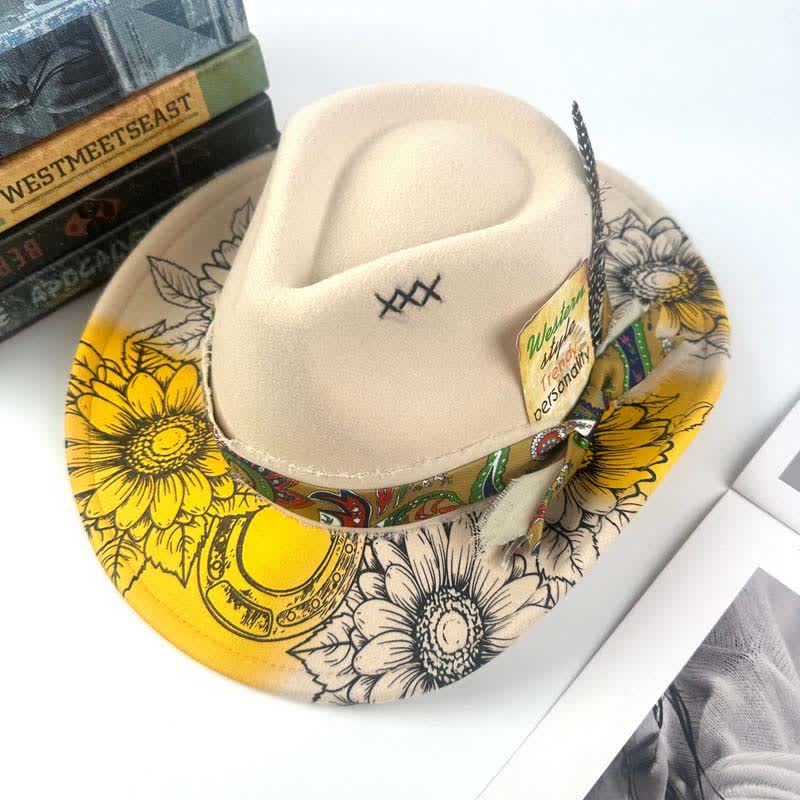 Cappello da cowboy western con decorazione a forma di girasole e piume dipinte a spruzzo