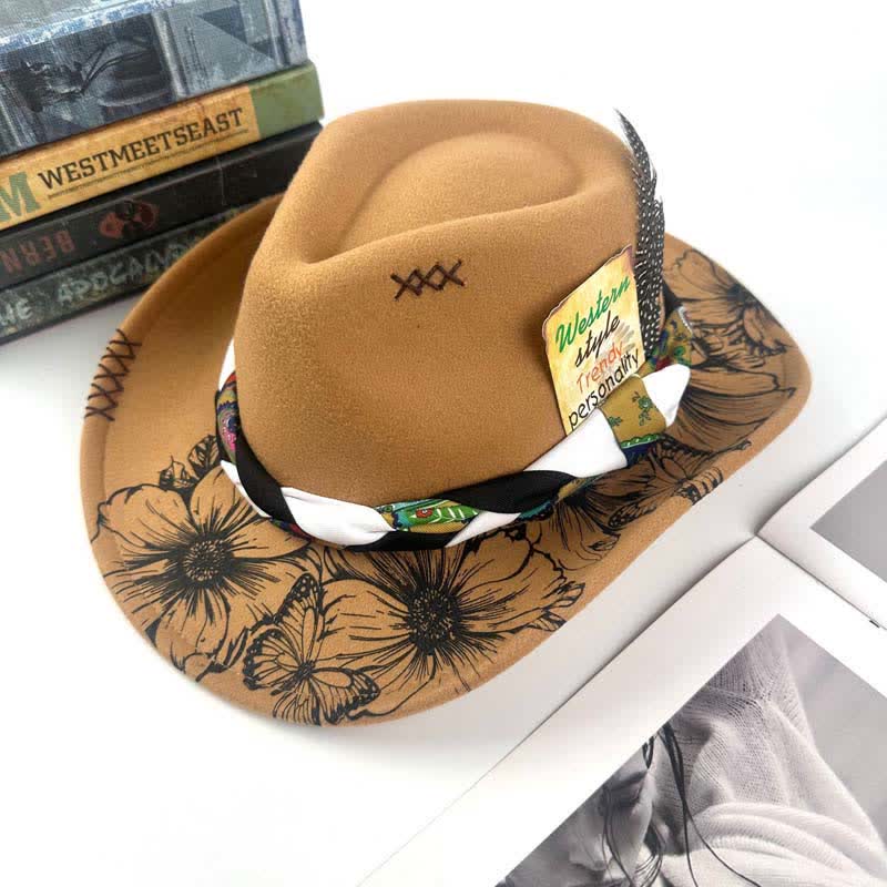 Cappello da cowboy con cinturino etnico decorato con piume di girasole occidentali