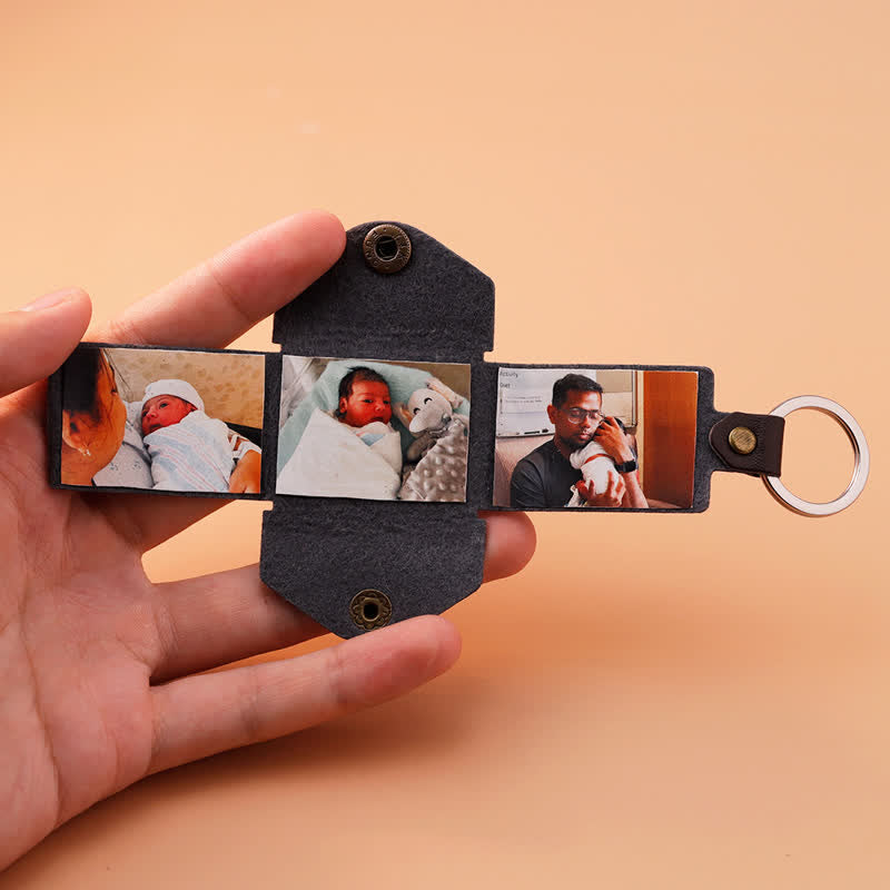Portachiavi in pelle marrone con 3 foto incise e testo personalizzato