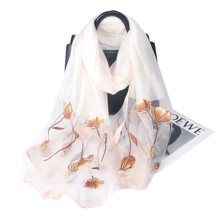 Sciarpa da donna in lana e seta con perline ricamate a mano e motivi floreali