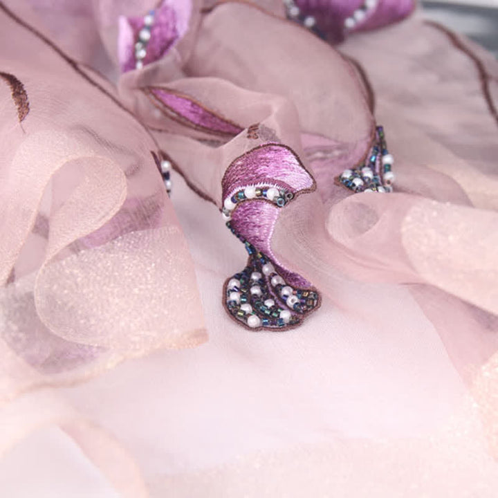 Sciarpa da donna in lana e seta con perline ricamate a mano e motivi floreali