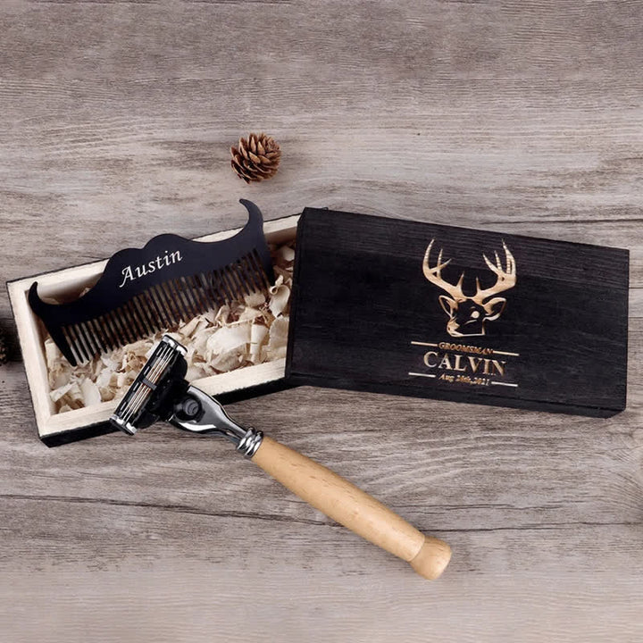 Set di 3 rasoi da sposo con nome personalizzato, souvenir, con scatola di legno - image 2