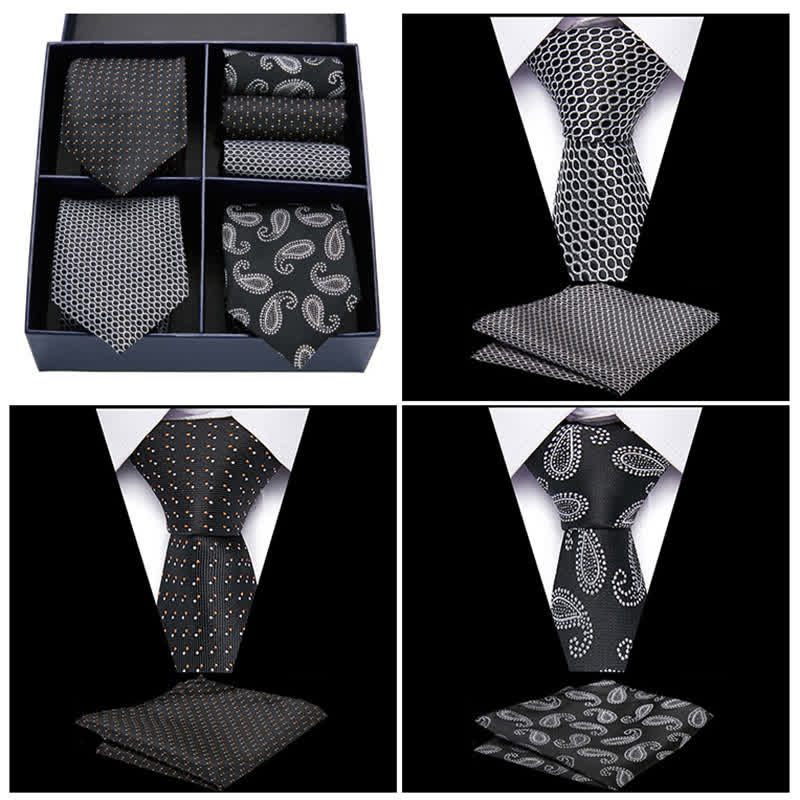 Set di 6 cravatte e fazzoletti da taschino con motivo Paisley bianco e nero da uomo, in scatola regalo