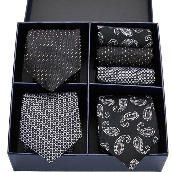 Set di 6 cravatte e fazzoletti da taschino con motivo Paisley bianco e nero da uomo, in scatola regalo