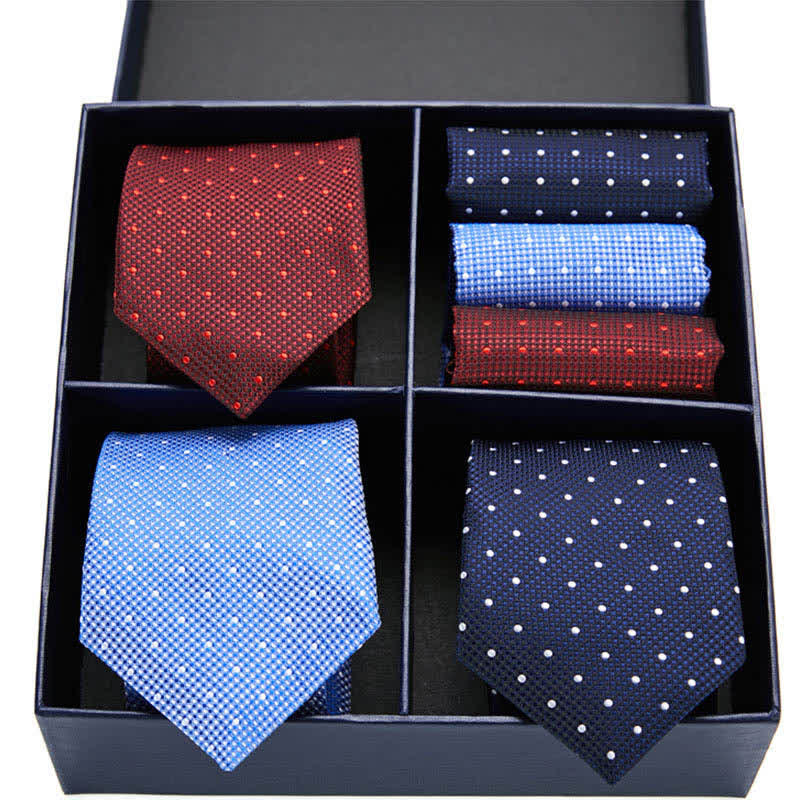 Set di 6 cravatte e fazzoletti da taschino da uomo bordeaux e blu a pois, in scatola regalo