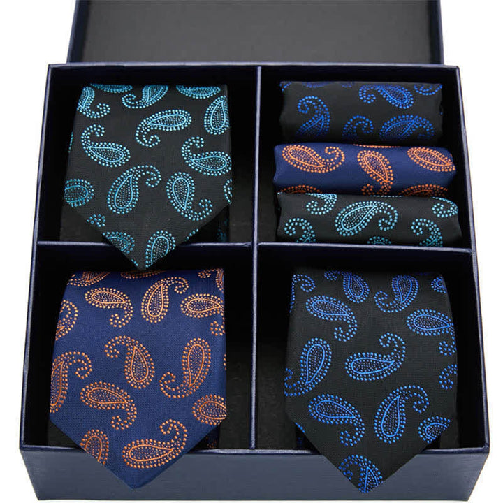Set di 6 cravatte e fazzoletti da taschino con motivi Paisley verdi e blu navy da uomo, in scatola regalo