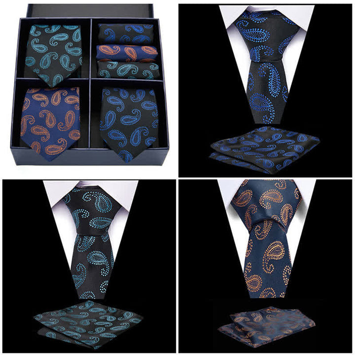 Set di 6 cravatte e fazzoletti da taschino con motivi Paisley verdi e blu navy da uomo, in scatola regalo