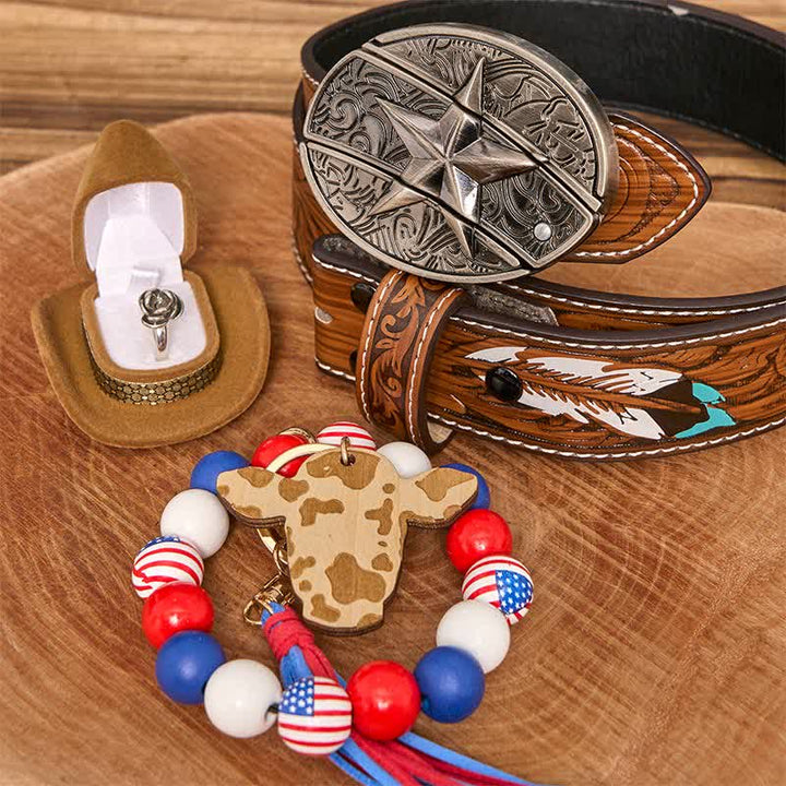 Set di braccialetti con bandiera americana, collana e fibbia per cintura con coltello nascosto fai da te a forma di stella
