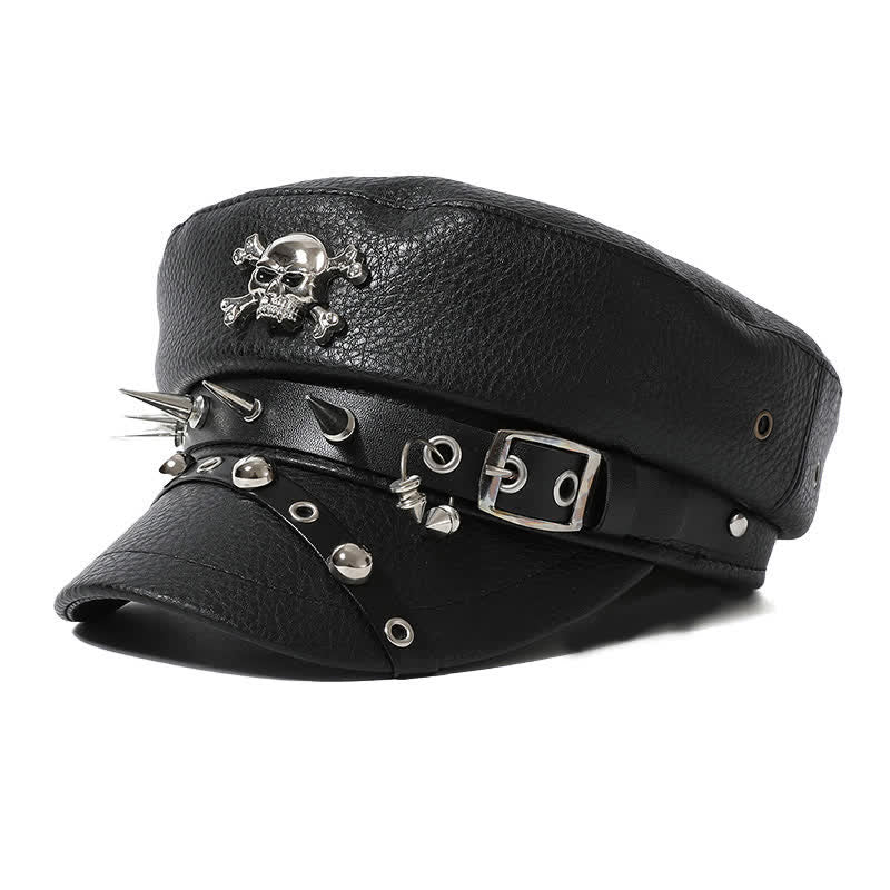 Cappello basco in pelle nera con teschio e rivetti blu navy da donna