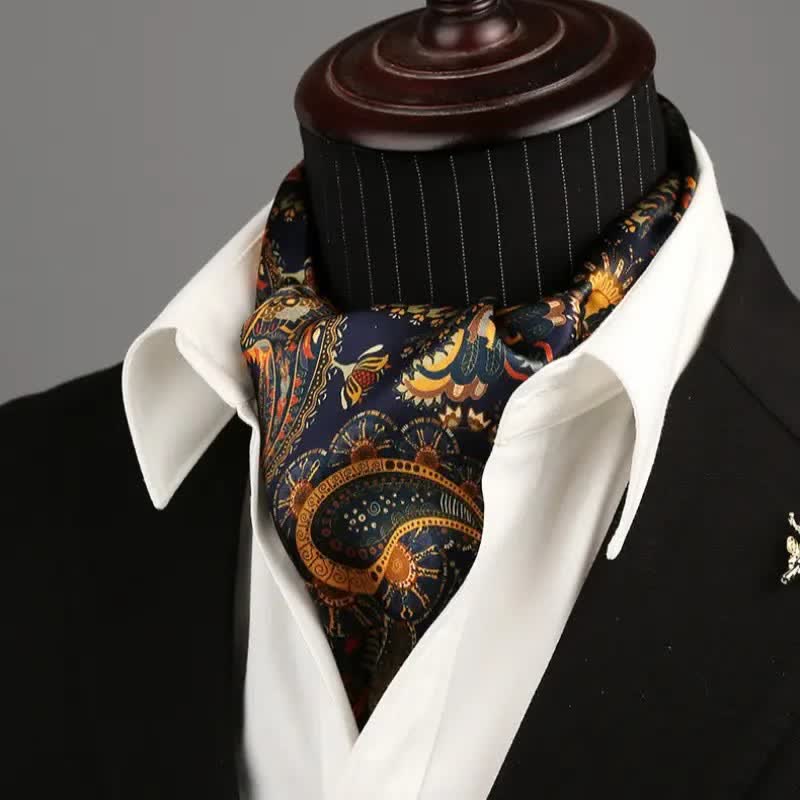 Sciarpa lunga e sottile in seta reversibile con motivo Paisley blu navy e oro da uomo