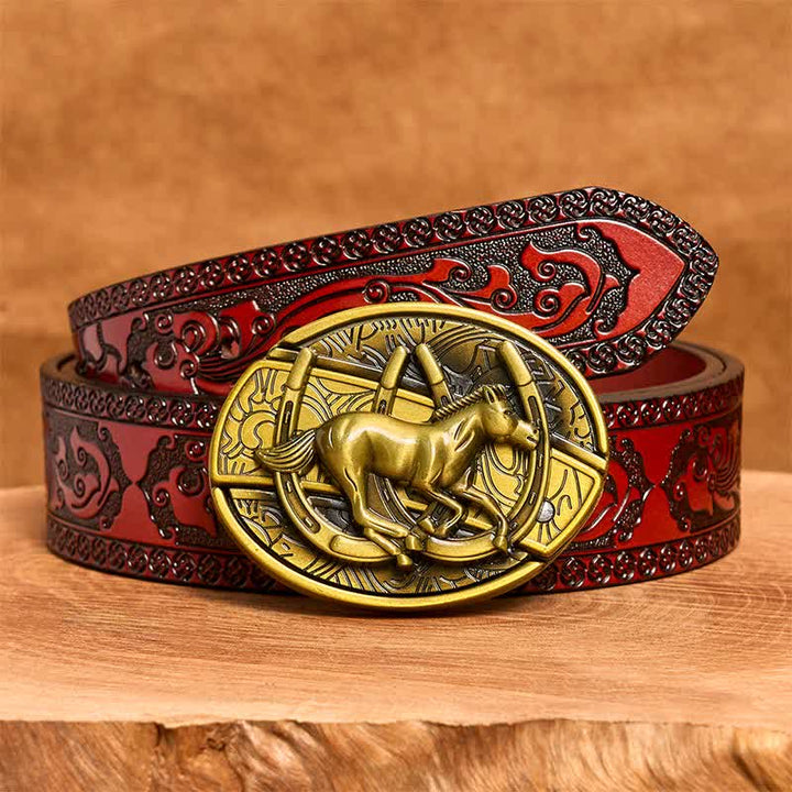 Cintura in pelle con coltello pieghevole nascosto a forma di cavallo al galoppo in bronzo fai da te da uomo - Cavallo al galoppo - Cintura marrone intagliata - 42 - image 8