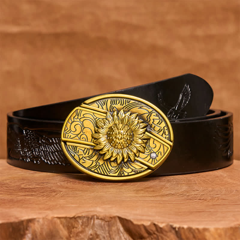 Cintura in pelle con coltello pieghevole nascosto a forma di girasole in bronzo fai da te da uomo - Girasole - Cintura con aquila in rilievo nera - 42 - image 7