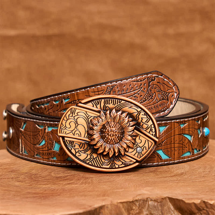 Cintura in pelle con coltello pieghevole nascosto a forma di girasole in bronzo rosso fai da te da uomo - Girasole - Cintura intagliata turchese - 42 - image 6