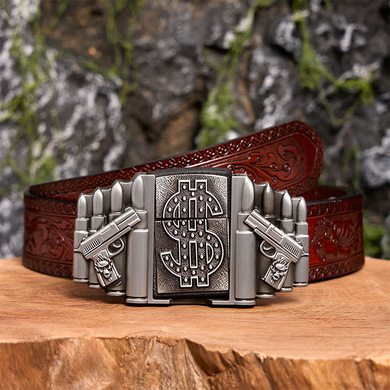 Cintura in pelle fai da te da uomo con doppie pistole e proiettili in argento e accendino nascosto - Doppie pistole e proiettili - Cintura marrone intagliata - 42 - image 10