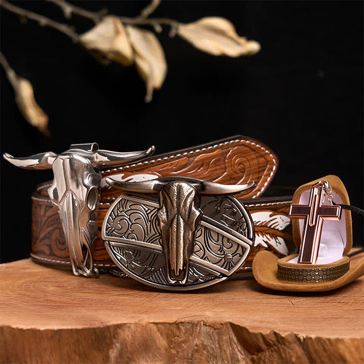Set di collana con croce e fibbia per cintura con coltello nascosto fai da te Longhorn Bull - Toro dalle corna lunghe - Cintura di piume marroni - 40 - image 1