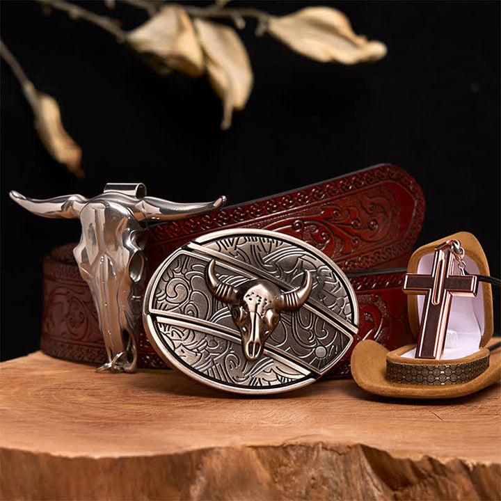 Set di collana con croce e fibbia per cintura con coltello nascosto fai da te in argento antico - Testa di toro d'argento - Cintura marrone intagliata - 42 - image 8