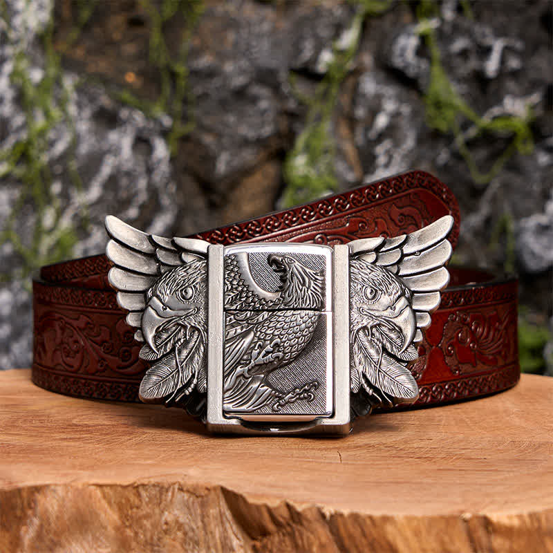 Cintura in pelle Silver Vulture fai da te da uomo con accendino nascosto - Avvoltoio - Cintura marrone intagliata - 42 - image 10