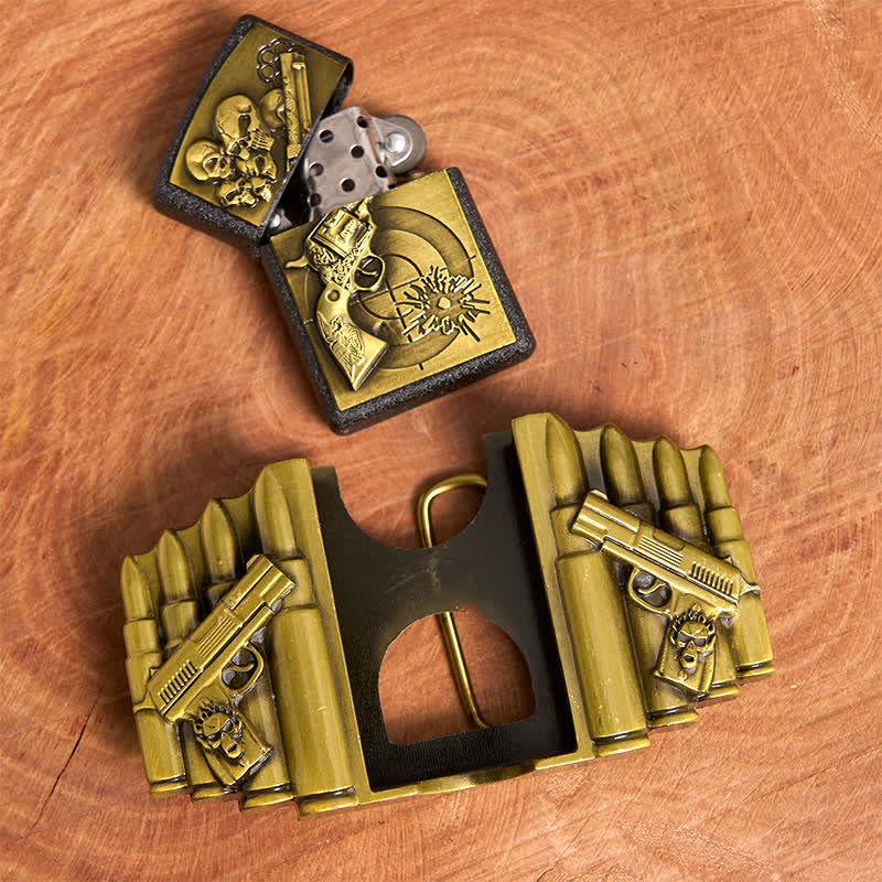 Cintura in pelle da uomo fai da te con motivo a pistola e teschio in bronzo e accendino nascosto - image 6