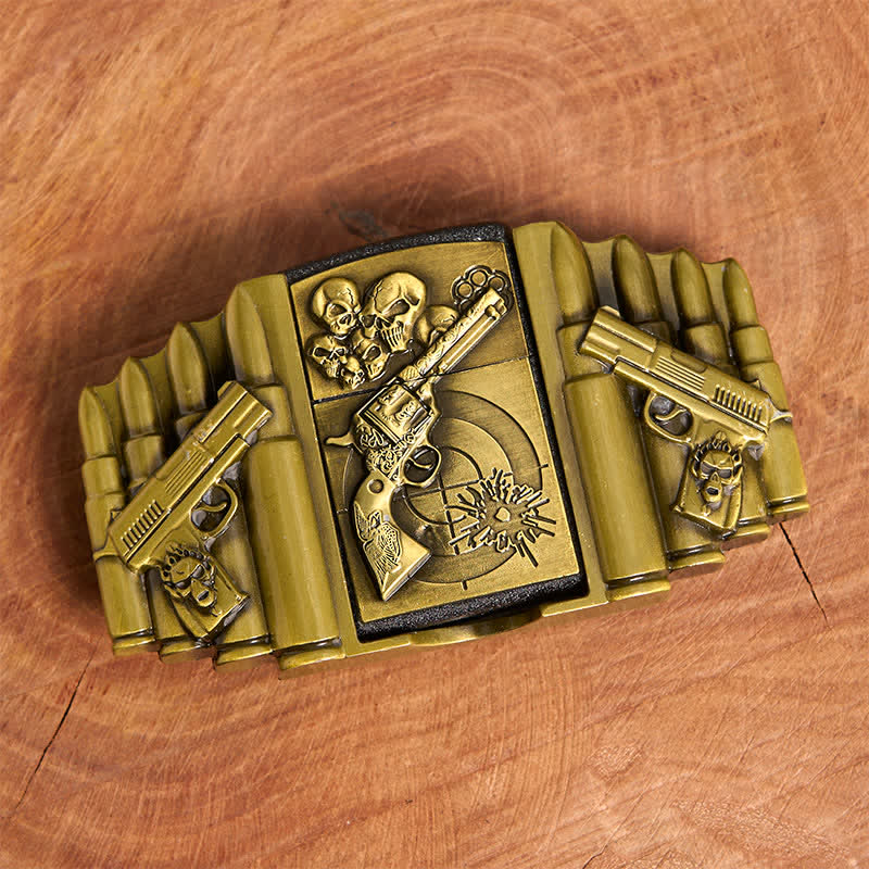 Cintura in pelle da uomo fai da te con motivo a pistola e teschio in bronzo e accendino nascosto - image 4