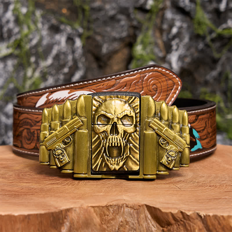 Cintura in pelle da uomo fai da te con teschio spaventoso in bronzo e accendino nascosto - Testa del teschio - Cintura di piume marroni - 40 - image 11