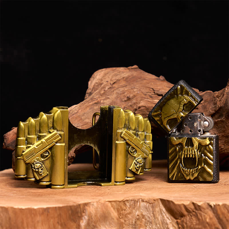 Cintura in pelle da uomo fai da te con teschio spaventoso in bronzo e accendino nascosto - image 2