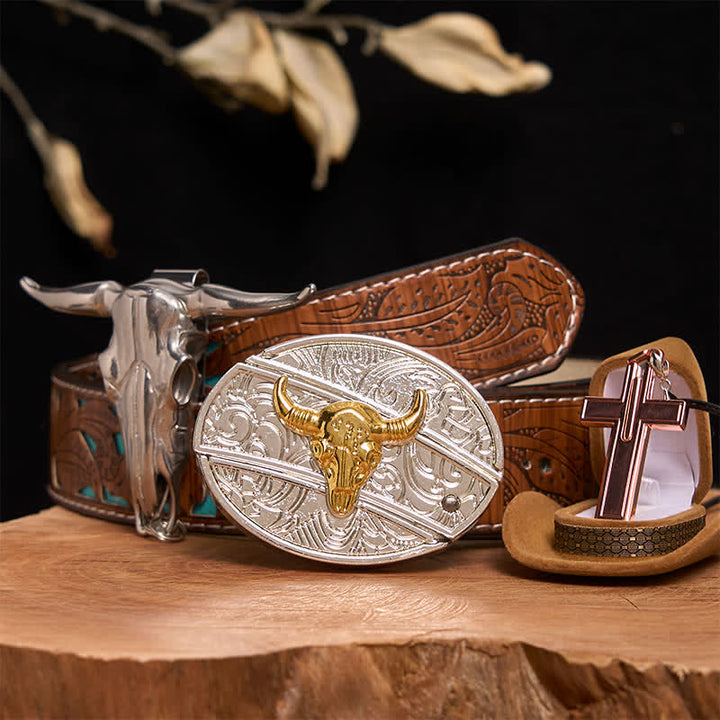 Set di collana con croce e fibbia per cintura fai da te con coltello nascosto in oro e argento - Toro d'oro e d'argento - Cintura intagliata turchese - 42 - image 4