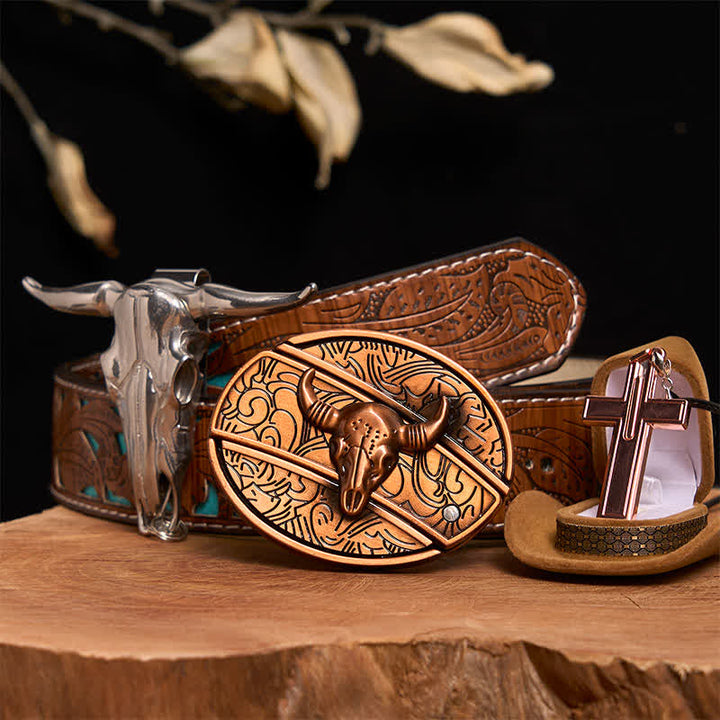 Set di collana con croce e fibbia per cintura con coltello nascosto fai da te in bronzo rosso Bull - Toro di bronzo rosso - Cintura intagliata turchese - 42 - image 5