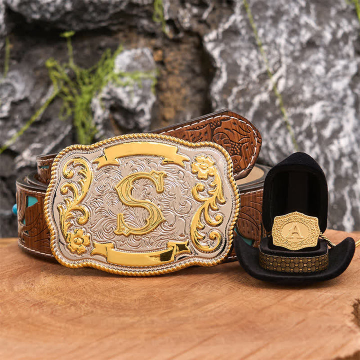 Set di collana in oro con fibbia per cintura fai da te con iniziale incisa - Fascio - Cintura intagliata turchese - 42 - image 1