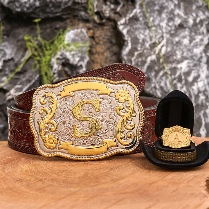 Set di collana in oro con fibbia per cintura fai da te con iniziale incisa - Fascio - Cintura marrone intagliata - 42 - image 6