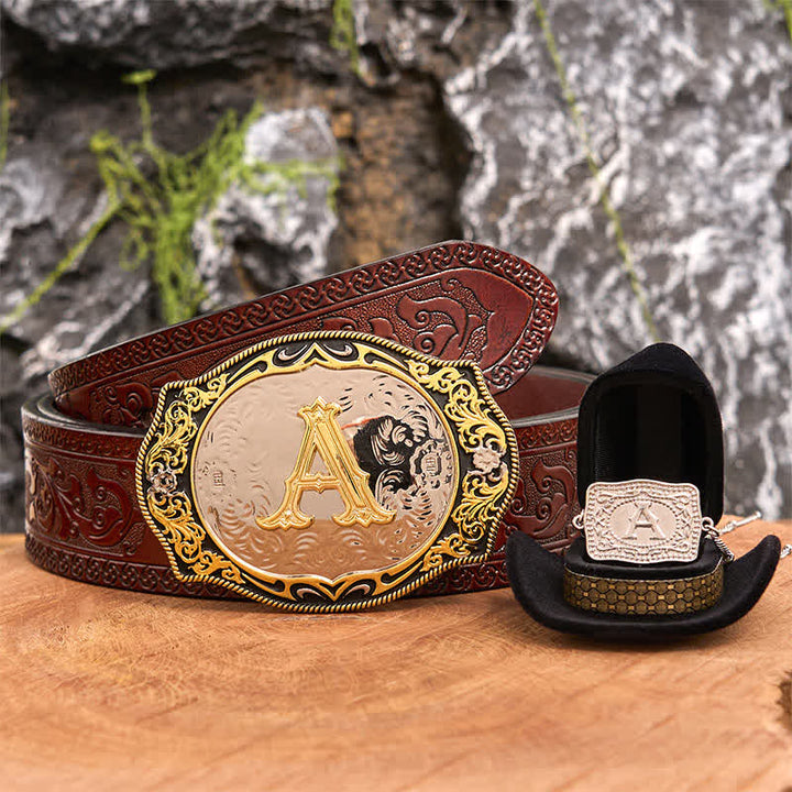 Set di collana in argento con fibbia per cintura fai da te con iniziale in oro e nero - Fascio - Cintura marrone intagliata - 42 - image 7