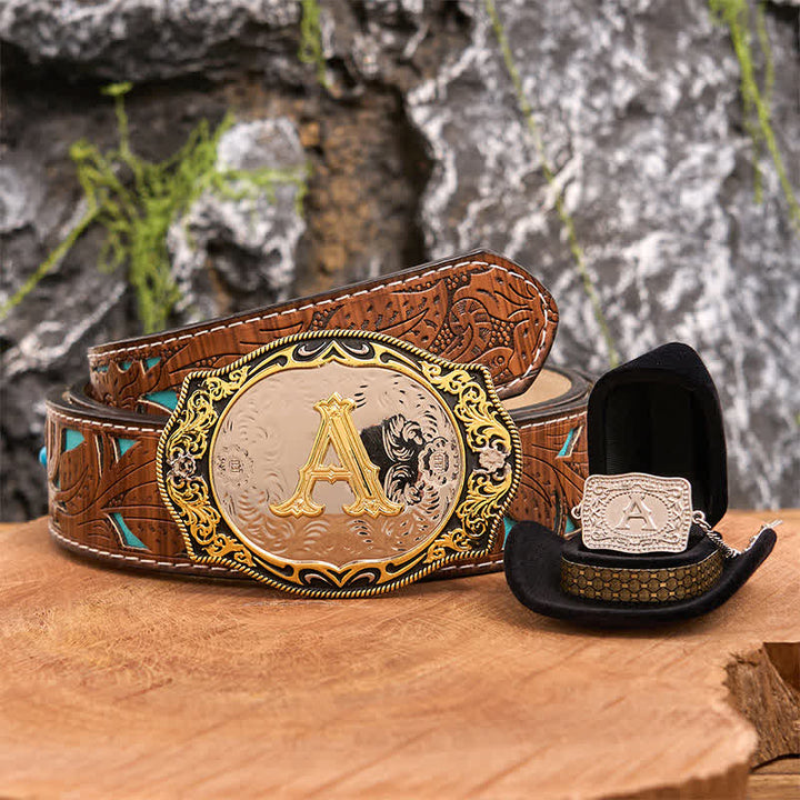 Set di collana in argento con fibbia per cintura fai da te con iniziale in oro e nero - Fascio - Cintura intagliata turchese - 42 - image 1