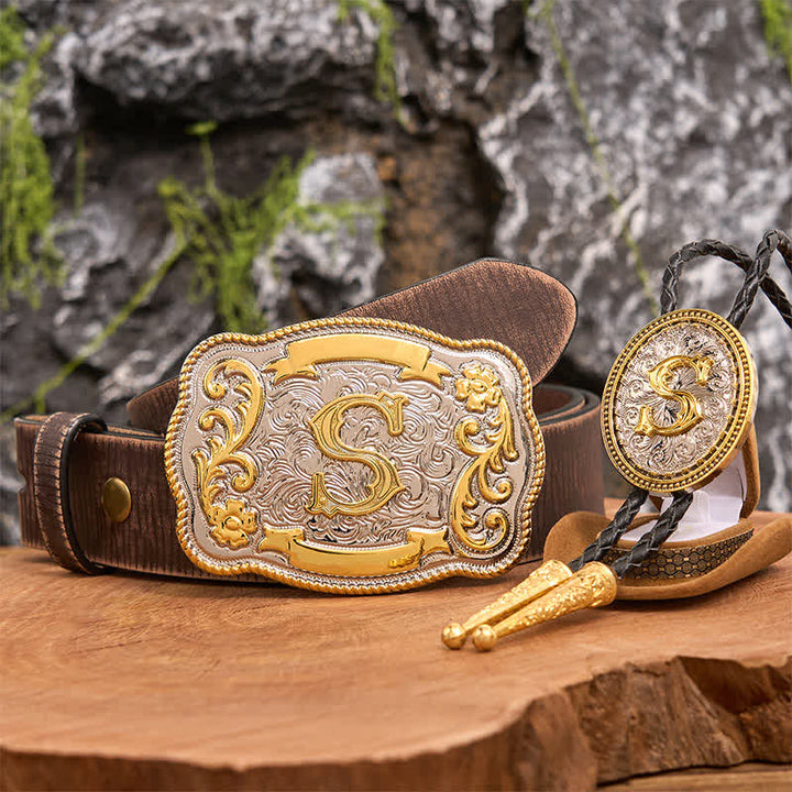 Set di cravatte Bolo dorate con fibbia per cintura grande fai da te con iniziale - Fascio - Cintura marrone anticata - 42 - image 6