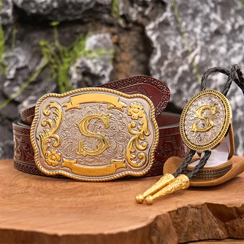 Set di cravatte Bolo dorate con fibbia per cintura grande fai da te con iniziale - Fascio - Cintura marrone intagliata - 42 - image 7