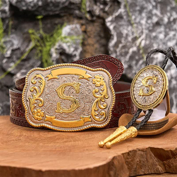 Set di cravatte Bolo dorate con fibbia per cintura grande fai da te con iniziale - Fascio - Cintura marrone intagliata - 42 - image 7