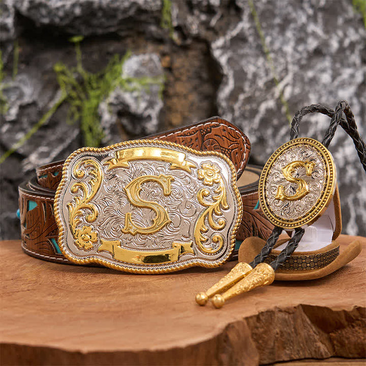 Set di cravatte Bolo dorate con fibbia per cintura grande fai da te con iniziale - Fascio - Cintura intagliata turchese - 42 - image 1