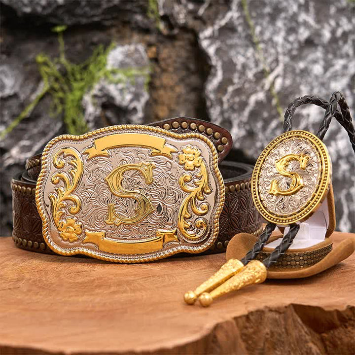 Set di cravatte Bolo dorate con fibbia per cintura grande fai da te con iniziale - Fascio - Cintura con rivetti marroni - 42 - image 5