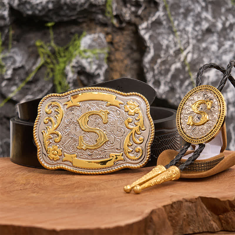 Set di cravatte Bolo dorate con fibbia per cintura grande fai da te con iniziale - Fascio - Cintura con aquila in rilievo nera - 42 - image 4