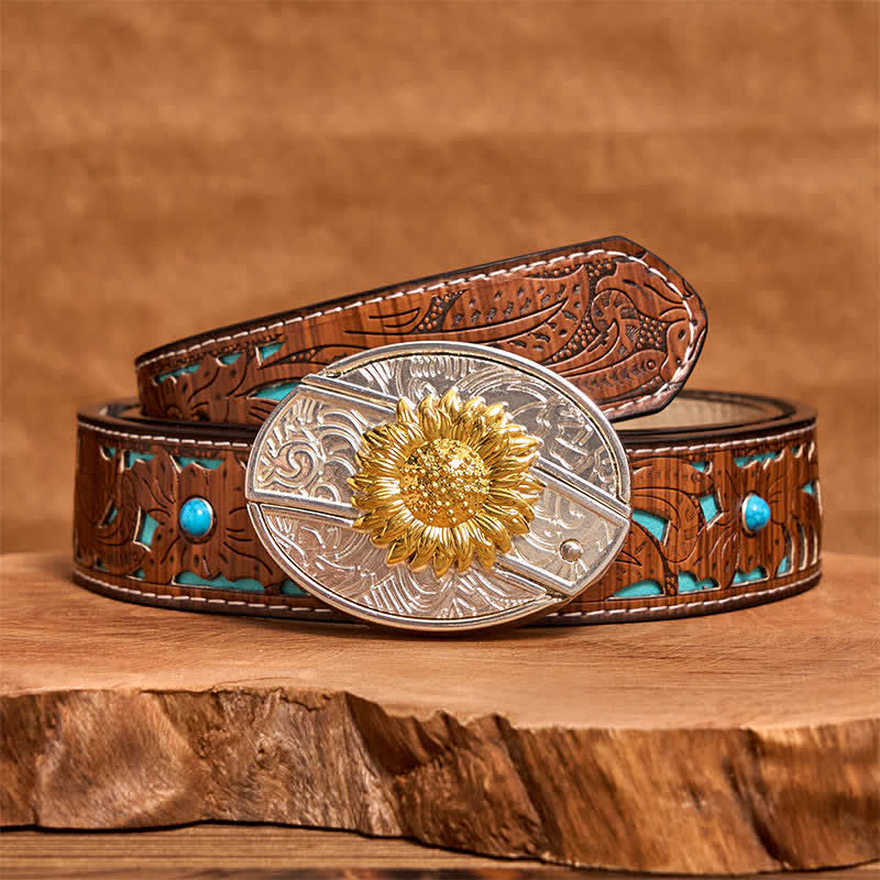 Cintura in pelle fai da te da uomo con coltello pieghevole nascosto a forma di girasole in oro e argento - Girasole - Cintura intagliata turchese - 42 - image 5