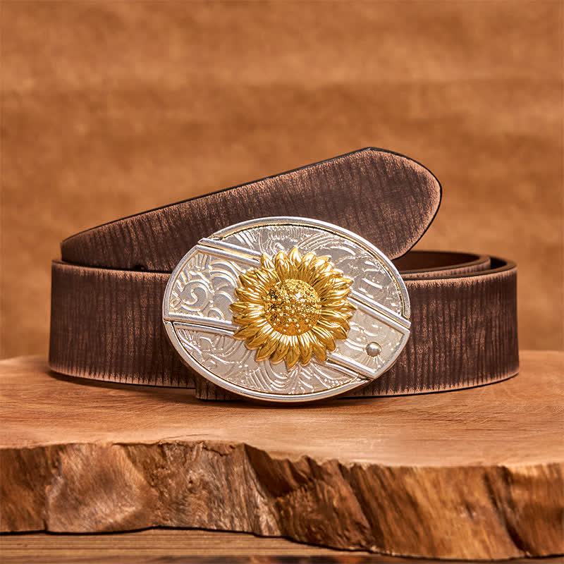 Cintura in pelle fai da te da uomo con coltello pieghevole nascosto a forma di girasole in oro e argento - Girasole - Cintura marrone anticata - 42 - image 6