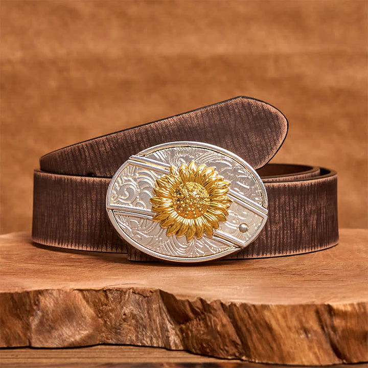 Cintura in pelle fai da te da uomo con coltello pieghevole nascosto a forma di girasole in oro e argento - Girasole - Cintura marrone anticata - 42 - image 6