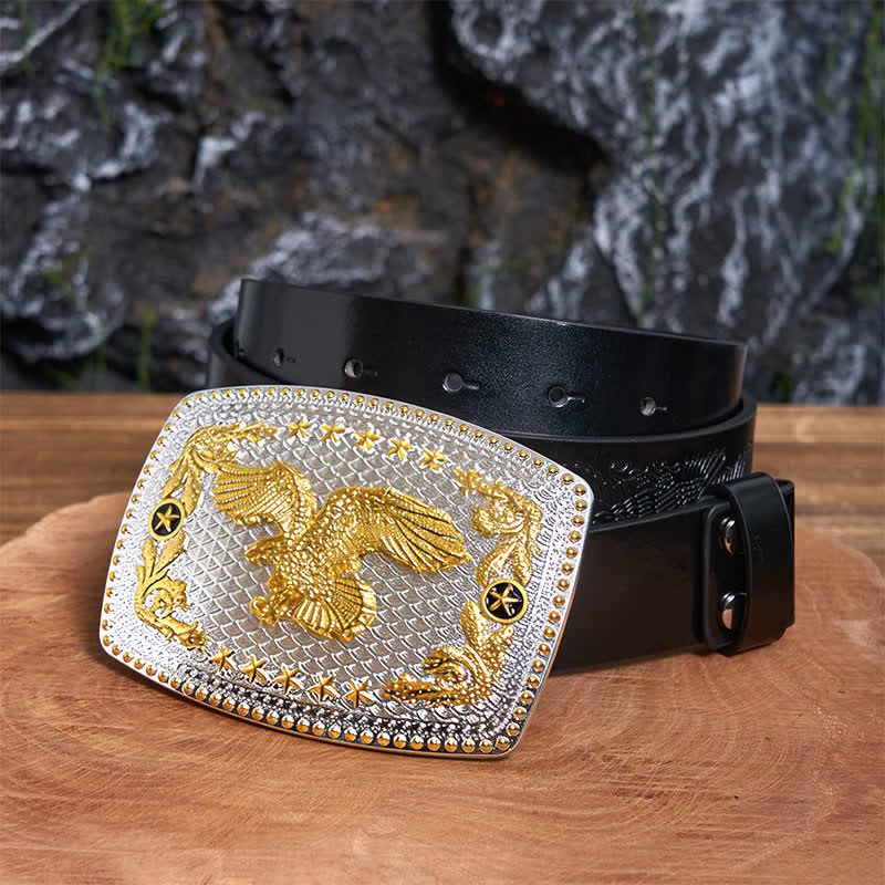 Cintura in pelle fai da te rettangolare bicolore con fibbia grande a forma di aquila volante - Aquila volante - Cintura con aquila in rilievo nera - 42 - image 3