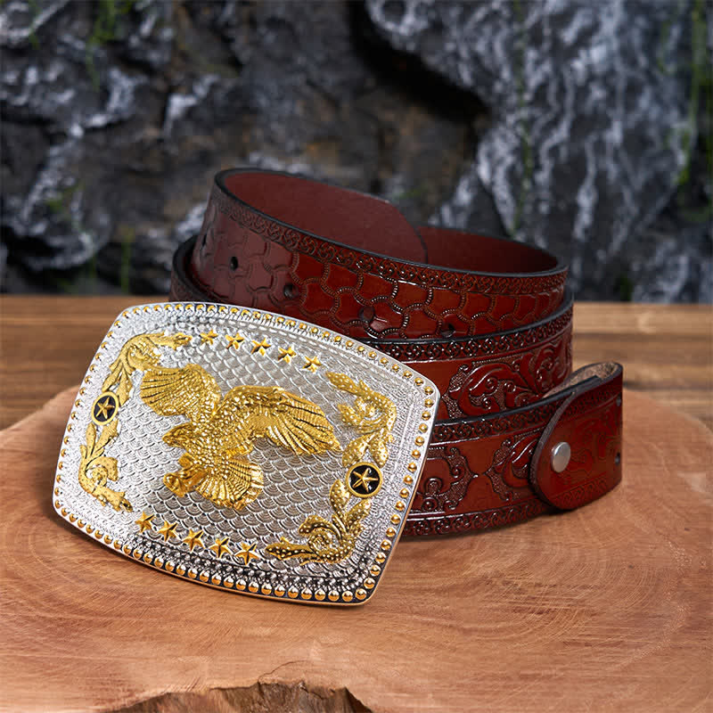 Cintura in pelle fai da te rettangolare bicolore con fibbia grande a forma di aquila volante - Aquila volante - Cintura marrone intagliata - 42 - image 7