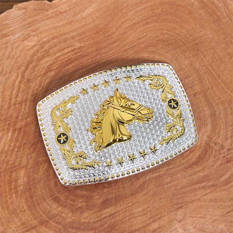 Cintura in pelle fai da te rettangolare con fibbia grande a forma di testa di cavallo bicolore - image 1