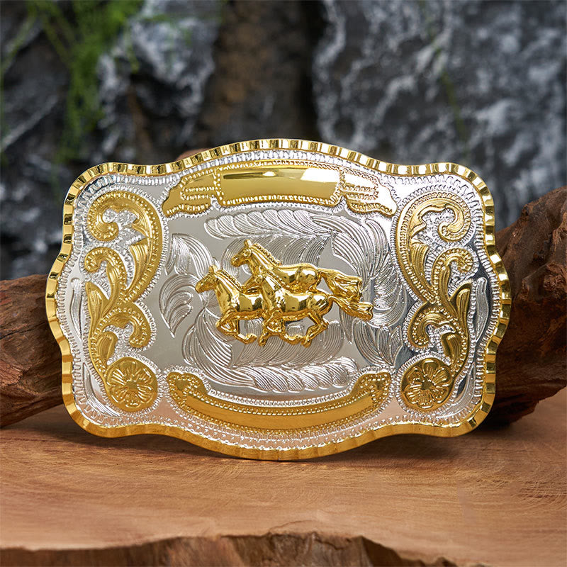 Cintura in pelle con fibbia da cowboy fai da te con tre cavalli al galoppo - Tre cavalli al galoppo - Senza cintura - Cintura non inclusa - image 0