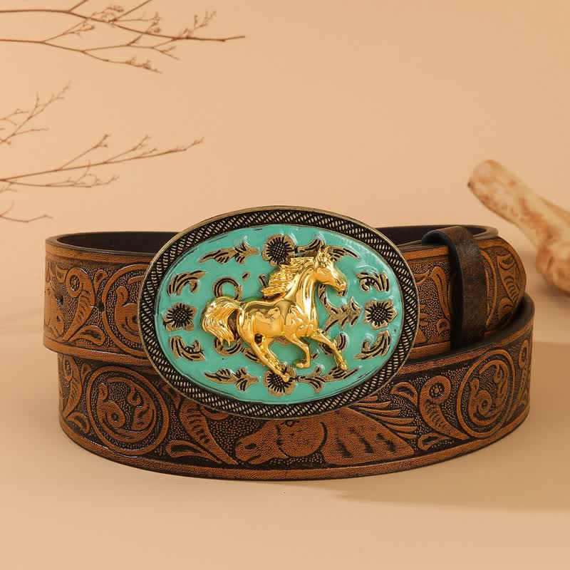 Cintura in pelle con stampa di cavallo e fibbia color turchese Gold Horse - Turchese e oro - 40 - image 0