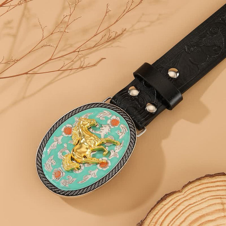 Cintura in pelle goffrata nera con fibbia turchese a tema cavallo - image 1