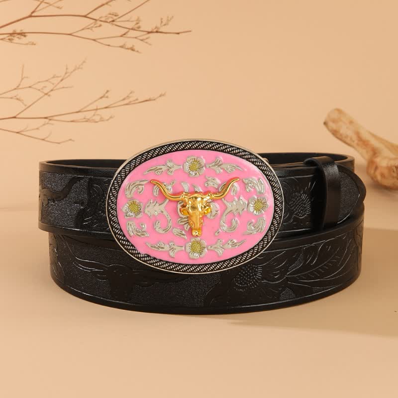 Cintura in pelle goffrata con fibbia rosa a tema toro - Rosa e oro - 40 - image 0