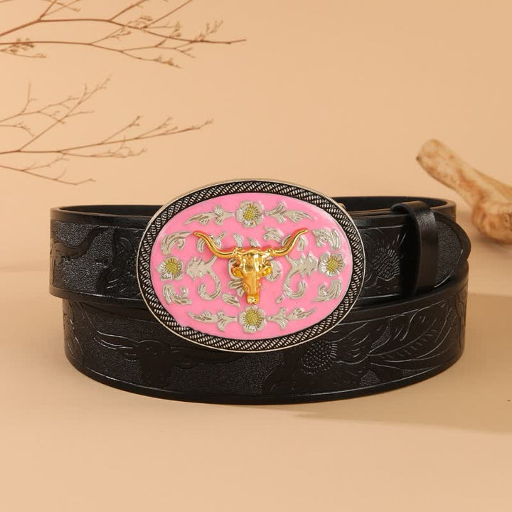 Cintura in pelle goffrata con fibbia rosa a tema toro - Rosa e oro - 40 - image 0